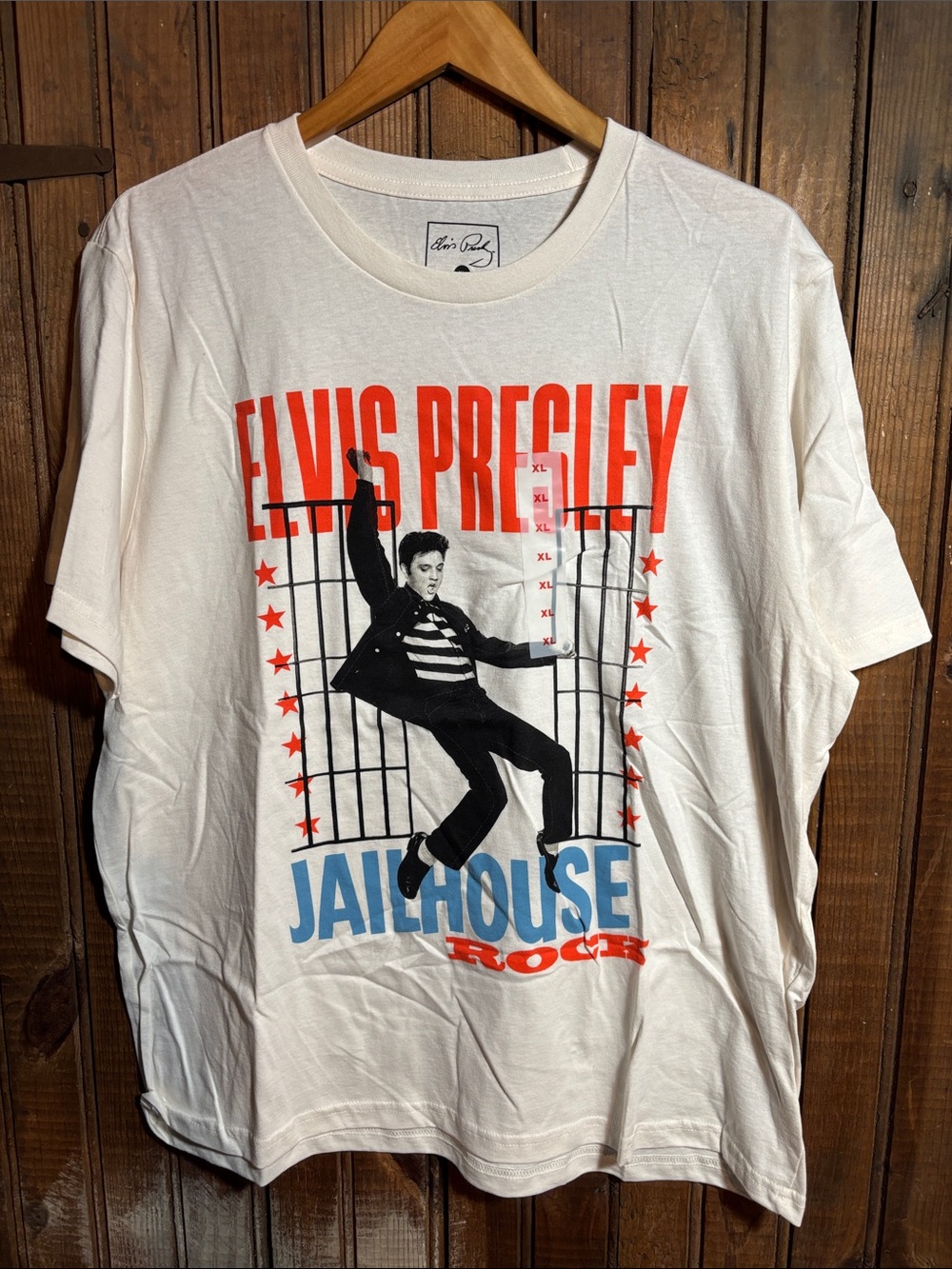 PELVIS White Tee with Red and Blue 'Elvis Presley Jailhouse Rock' Graphic